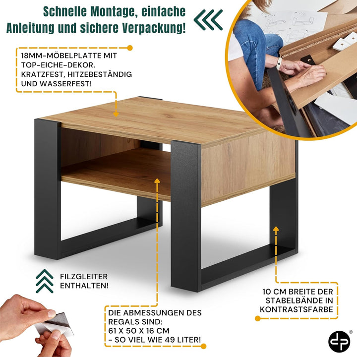 defiPad® Couchtisch mit Stauraum | Modern Wohnzimmertisch Eiche | 65CM Breite Kaffeetisch | Massiv u