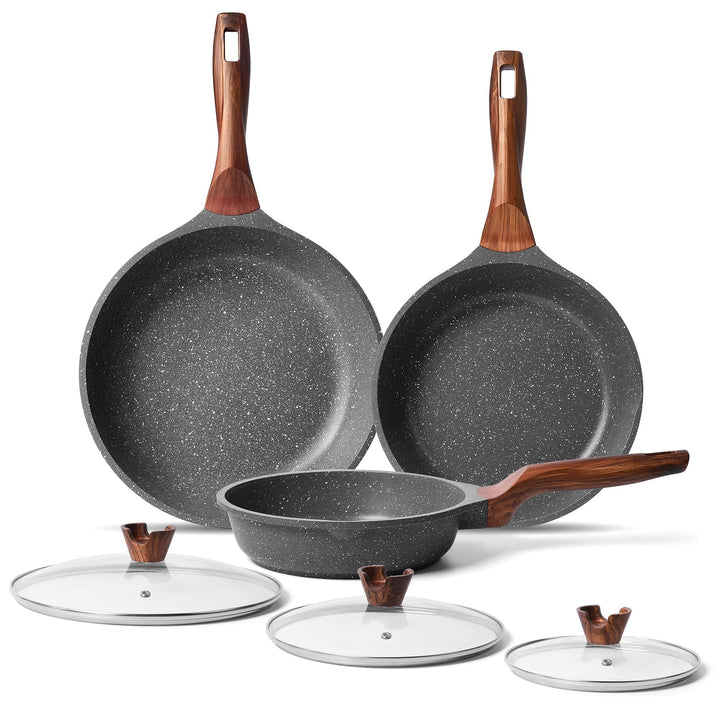 RIOVARM Induktion Bratpfanne Set 20 24 28 cm, Antihaft Granit beschichtung Pfannenset mit Deckeln, B