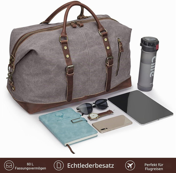 S-ZONE Reisetasche 60L Vintage Canvas Crazy Horse Leder Trim Unisex Handgepäck Weekender Tasche Spor