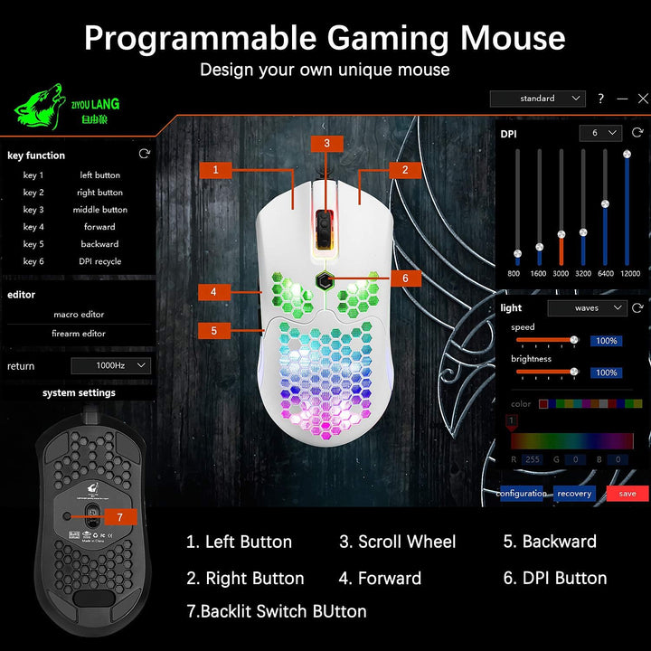 MAMBASNAKE Kabelgebundene leichte Gaming-Maus 65G, 26 RGB-beleuchtete USB-Gaming-Mäuse und 7 program