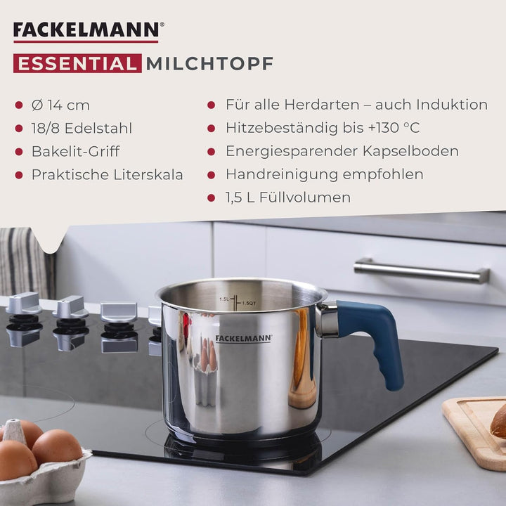 Fackelmann Milchtopf Essential Ø 14 cm aus Edelstahl mit ergonomischem Bakelit-Griff und praktischer