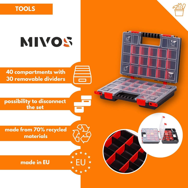 Mivos Doppelseitig Sortimentskasten 344 x 249 x 100 mm - 2 seitig Sortimentsbox für Zubehör und Klei