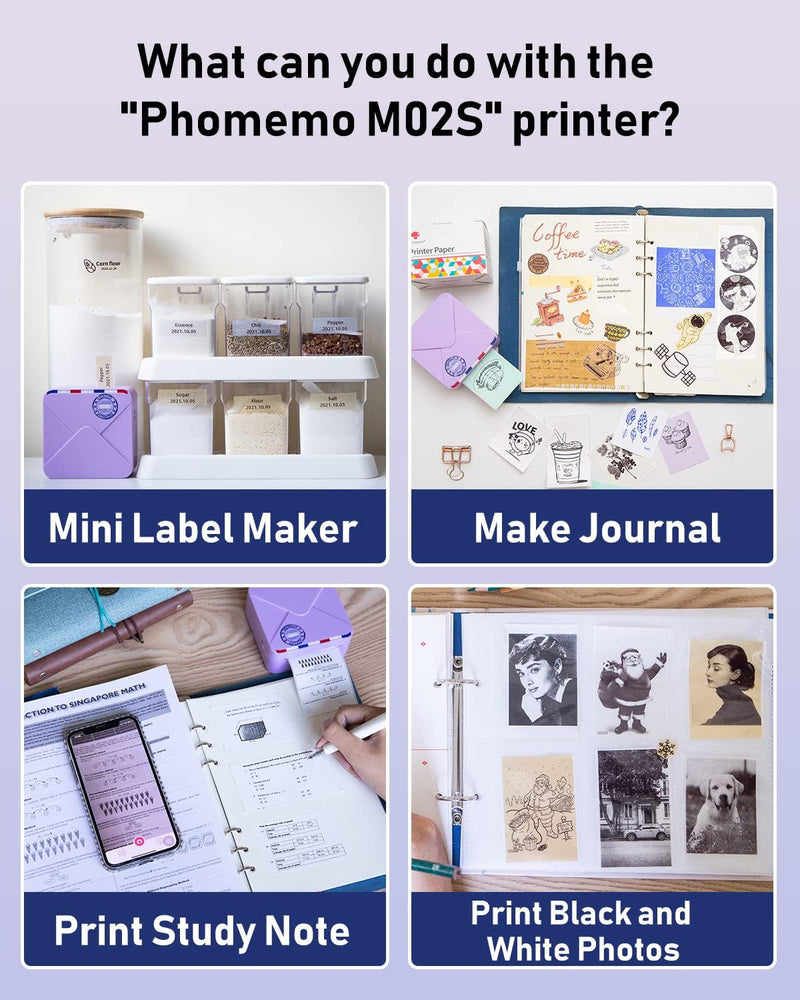 Phomemo M02S Mini Drucker für Smartphone, 300 DPI Taschendrucker Etikettendrucker, Kompatibel mit 15