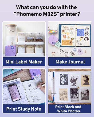 Phomemo M02S Mini Drucker für Smartphone, 300 DPI Taschendrucker Etikettendrucker mit 6 Papierrollen