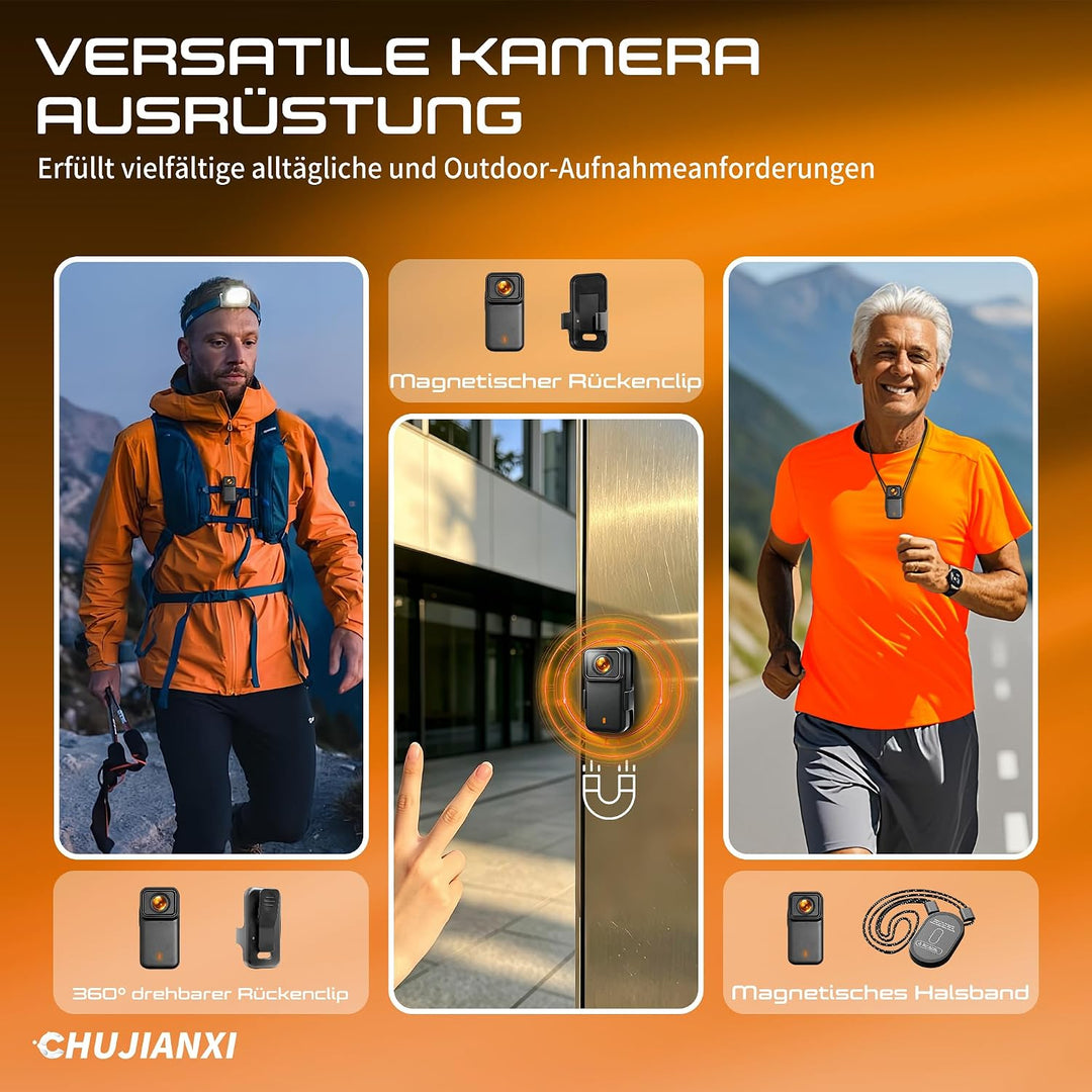 Bodycam 4K, Mini Actioncam WiFi, Wasserdicht Helm Kamera, Tragbar & Magnetisch Körperkamera, Freihän
