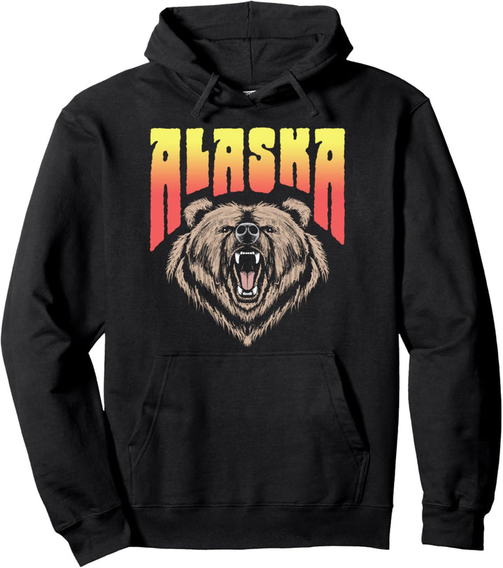 Alaska Roaring Grizzly Bear Face Illustration Vintage Retro Pullover Hoodie