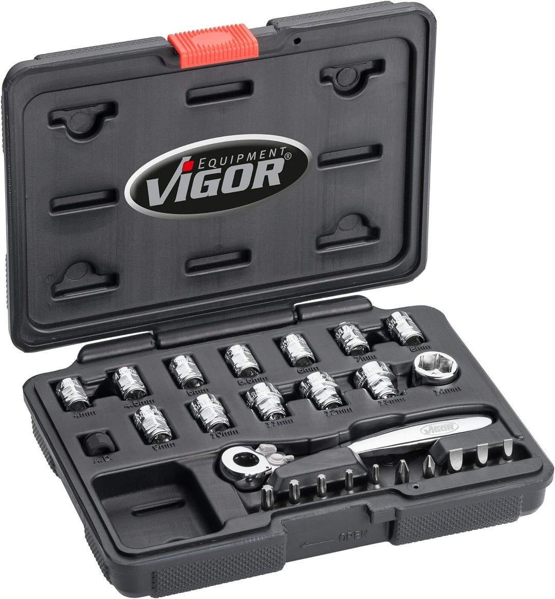Vigor Satz (6,3 mm (1/4“) Vierkantabtrieb, superflache Umschaltknarre 20 mm Flacher, Diverse Stecksc