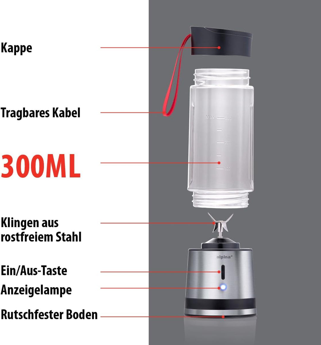 alpina Smoothie Maker to Go 300ml - Mixer USB Wiederaufladbar - Tragbarer Blender 125W - aus Edelsta