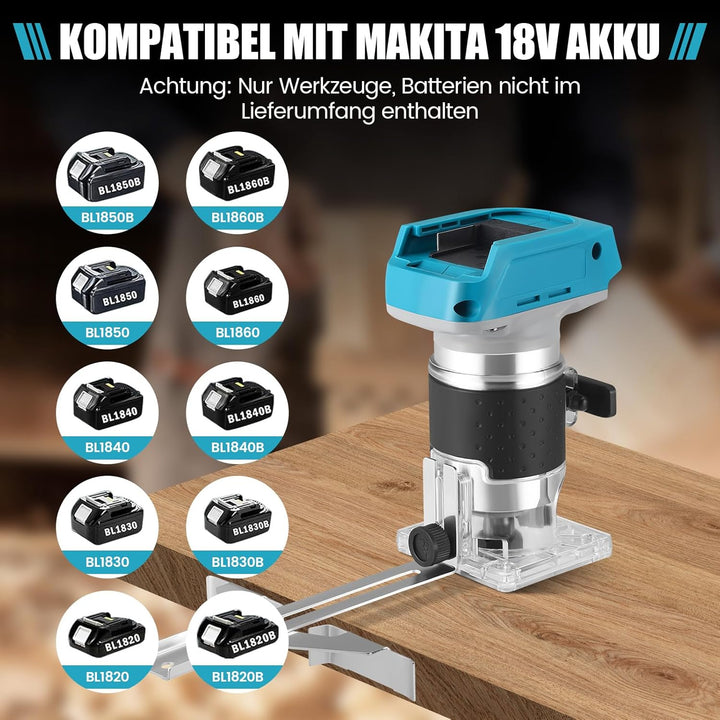 Akku Oberfräse kompatibel mit Makita 18V Akku,1400W Oberfräse Trimmer Einhandfräse Bürstenloser, Hol