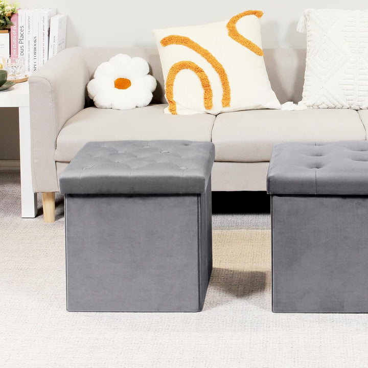 Bonlife Faltbarer Sitztruhe mit Stauraum,Samt Sitzwürfel Couch Hocker,Aufbewahrungsbox mit Deckel,Fu