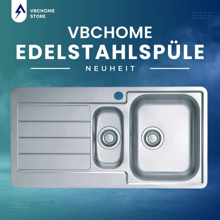 VBChome Einbauspüle 98 x 50 cm mit Hahnloch Abtropffläche Links Camping Küchenspüle - Satinstruktur