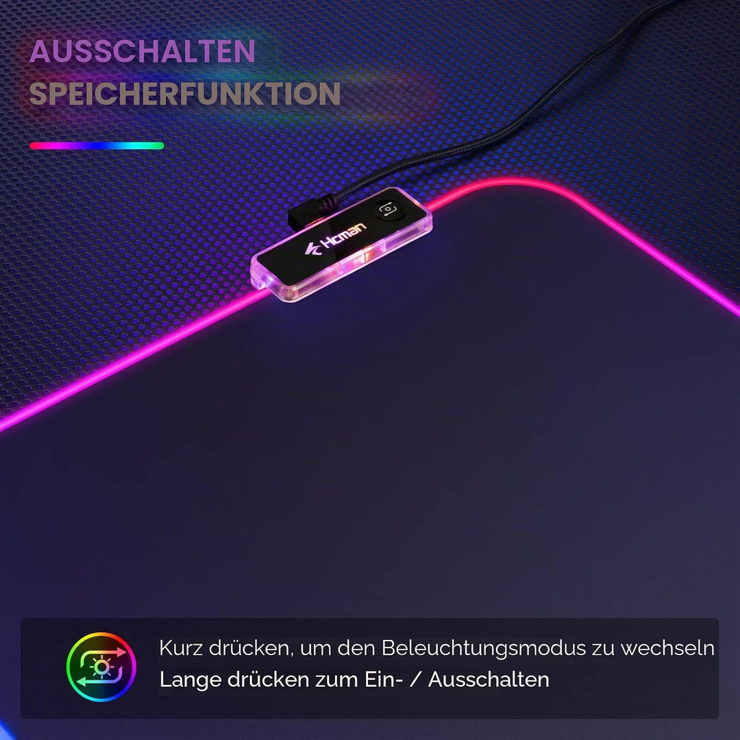 Hcman RGB Gaming Mauspad XXL - 800x300mm Mousepad mit Rutschfester Gummibasis, 7 LED Farben, 10 Bele