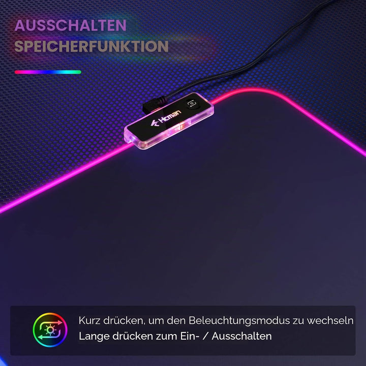 Hcman RGB Gaming Mauspad XXL - 800x300mm Mousepad mit Rutschfester Gummibasis, 7 LED Farben, 10 Bele