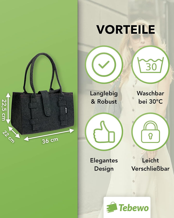 Tebewo Handtasche,Shopping Bag aus Filz, verschliessbare Einkaufs-Tasche mit Henkel, Einkaufskorb, F