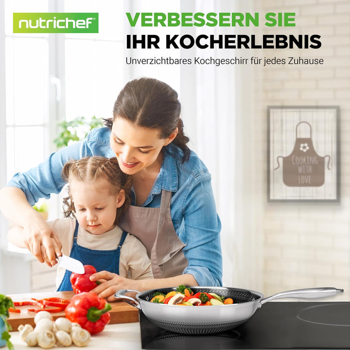 NutriChef Wokpfanne, 30cm Edelstahl Pfanne mit Kratzfester Mesh Beschichtung, Inkl. Glasdeckel, Für