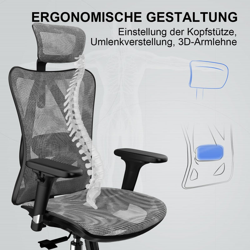 SIHOO Ergonomischer Bürostuhl, Chefsessel mit 3D verstellbare Armlehne und Lendenwirbelstütze, Hautf