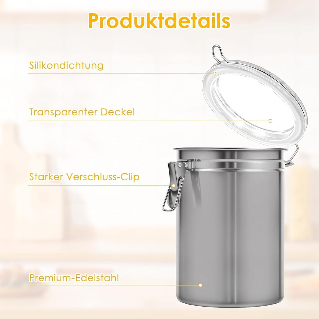 4er Set Edelstahl Kaffeebohnen Behälter mit Deckel für Küche | Kaffeedose luftdicht für 500g/1kg Boh