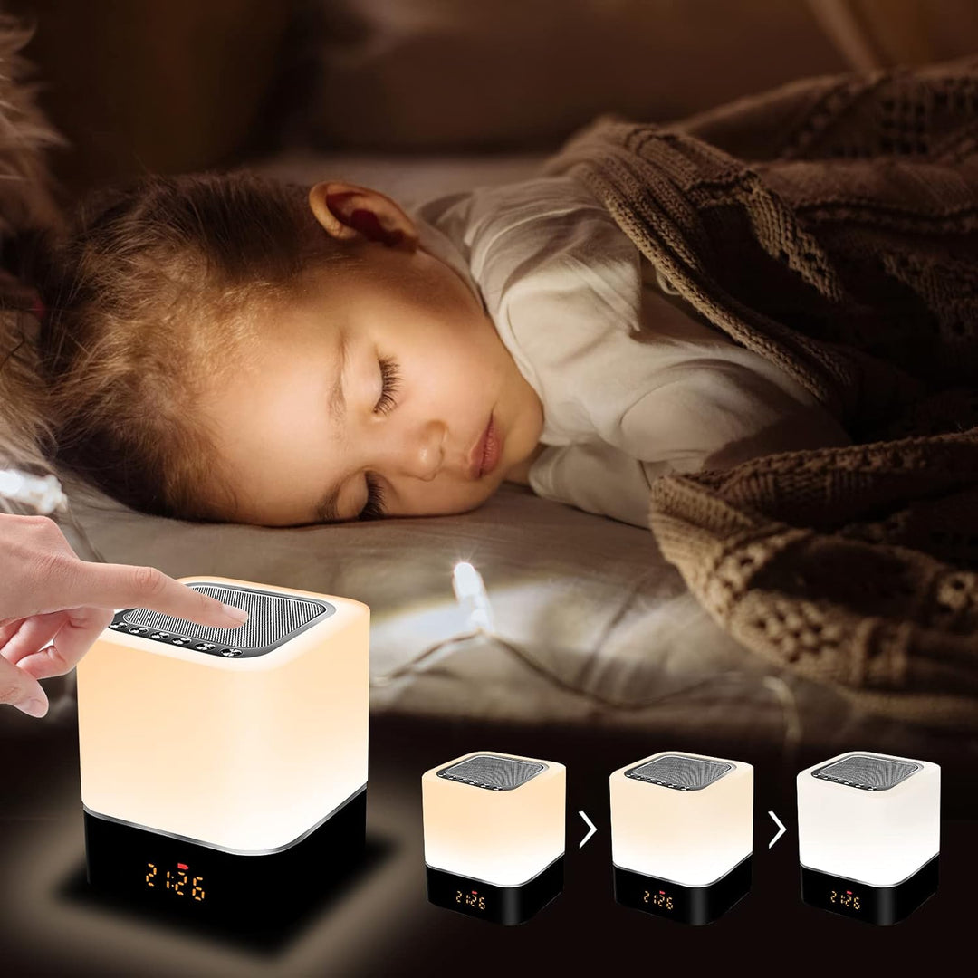 Nachttischlampe mit Wecker, Bluetooth-Lautsprecher, Dimmbarer RGB-Farbwechsel, Tragbarer Bluetooth-L
