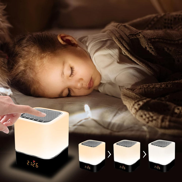 Nachttischlampe mit Wecker, Bluetooth-Lautsprecher, Dimmbarer RGB-Farbwechsel, Tragbarer Bluetooth-L