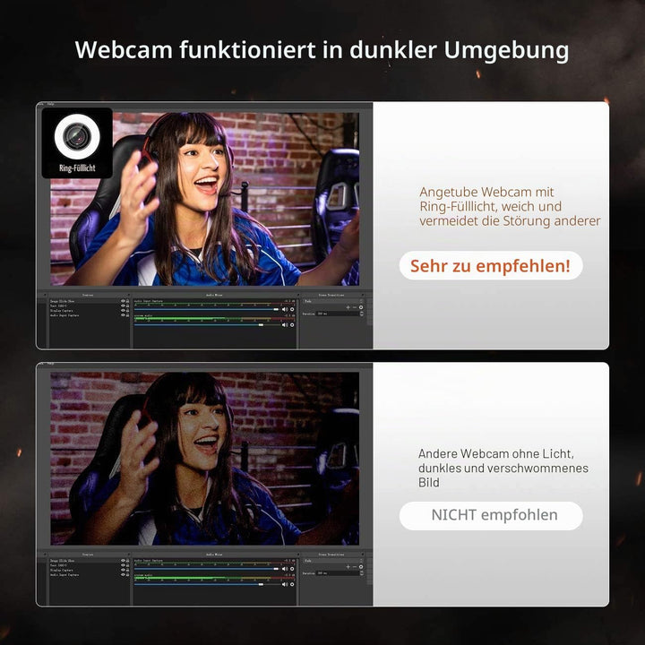 Angetube Streaming HD Webcam 1080P mit Lichtring, 967 USB PC Autofokus Webcam mit dualem Mikrofon, V