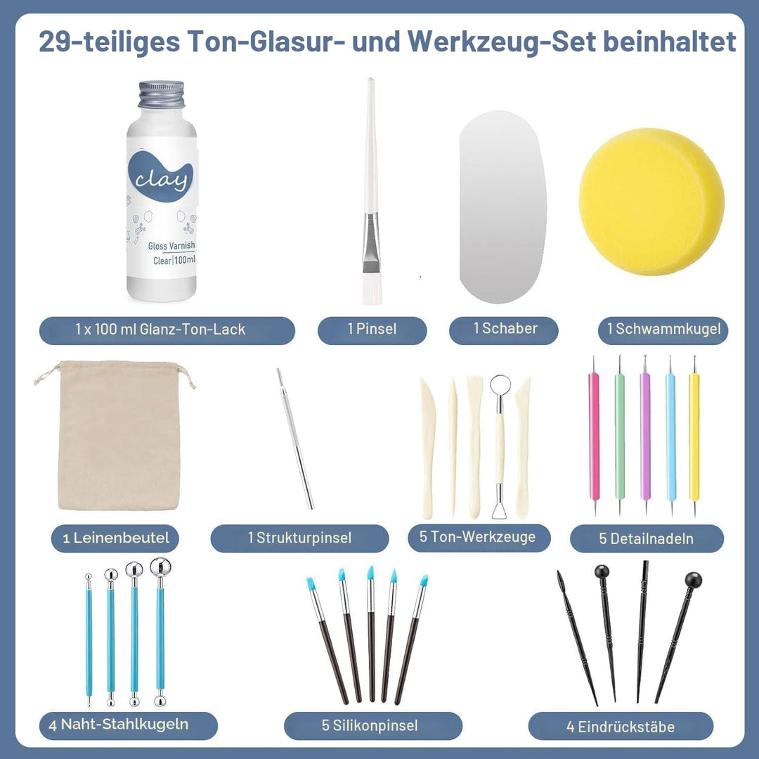29Pcs Tonglasur mit lufttrocknendem Ton Werkzeug Set, Clay Varnish für Hoher Glanz, Kratzfest, Wasse