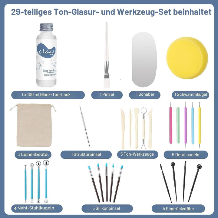 29Pcs Tonglasur mit lufttrocknendem Ton Werkzeug Set, Clay Varnish für Hoher Glanz, Kratzfest, Wasse