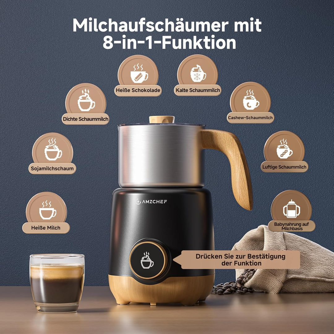 AMZCHEF Milchaufschäumer 600ml, 8-IN-1 Grosser Induktion Milchschäumer für Heissen & Kalten Milchsch