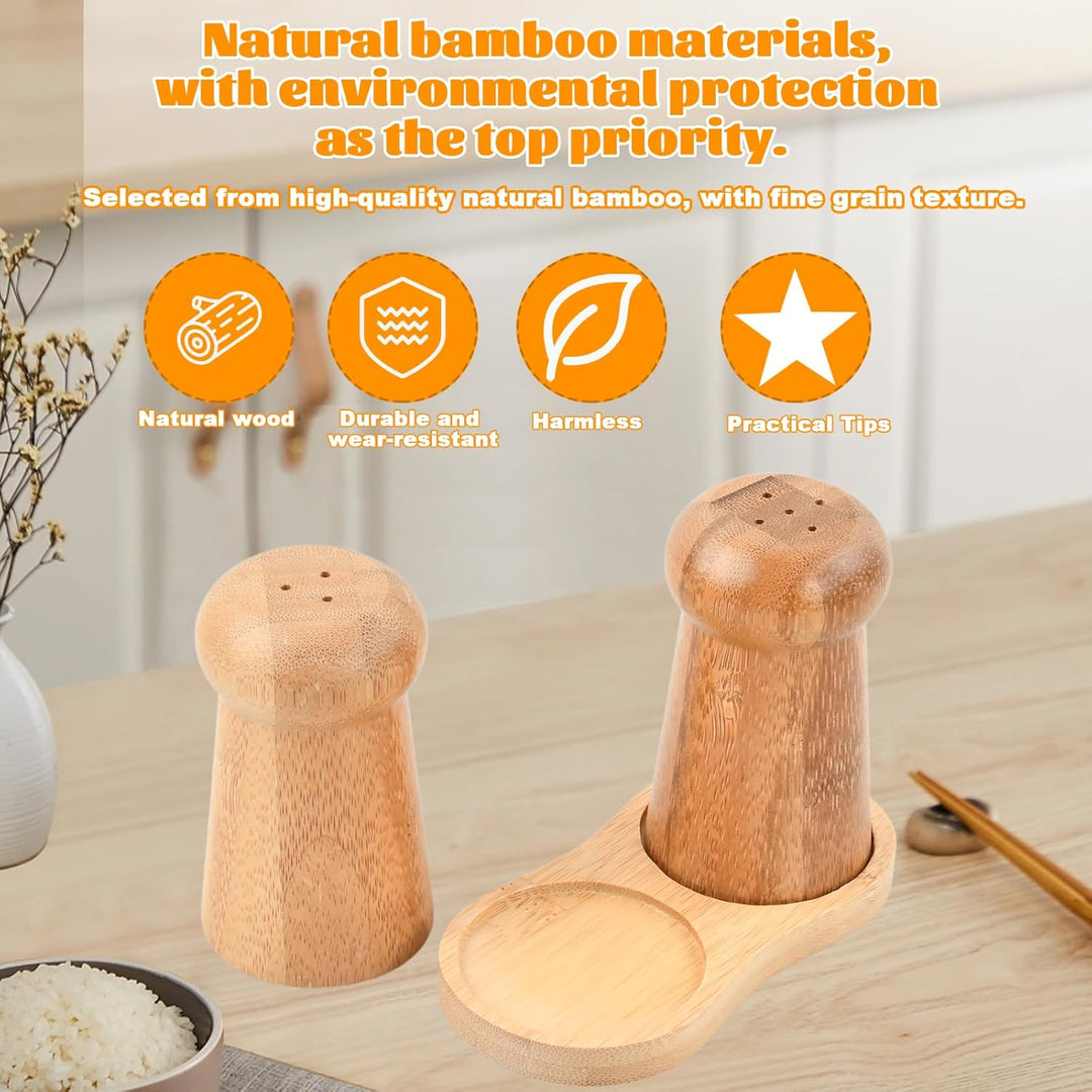 Elegantes Salz und Pfefferstreuer Set - Handgefertigtes Pilz-Design aus Bambus mit Ablage - Nachfüll