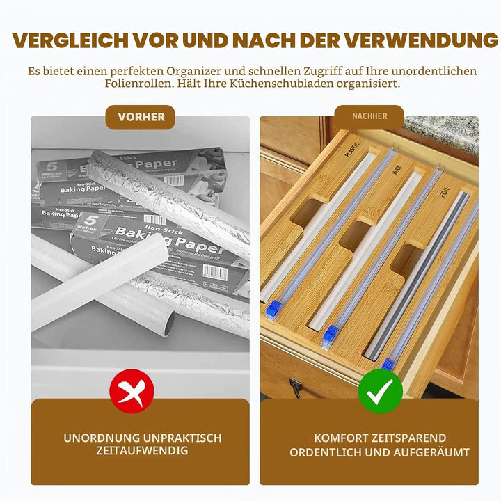 QINGLOU Folienschneider,3 in 1 Folienspender Mit Cutter, Bambus/Folienabroller,Frischhaltefolie, Wac