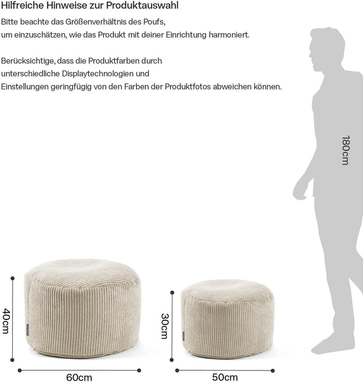 mokebo® Pouf, Hocker o. Sitzhocker aus Cord 40x60 cm 'Der Faule Lenz', Bodenkissen rund in Beige, Fu