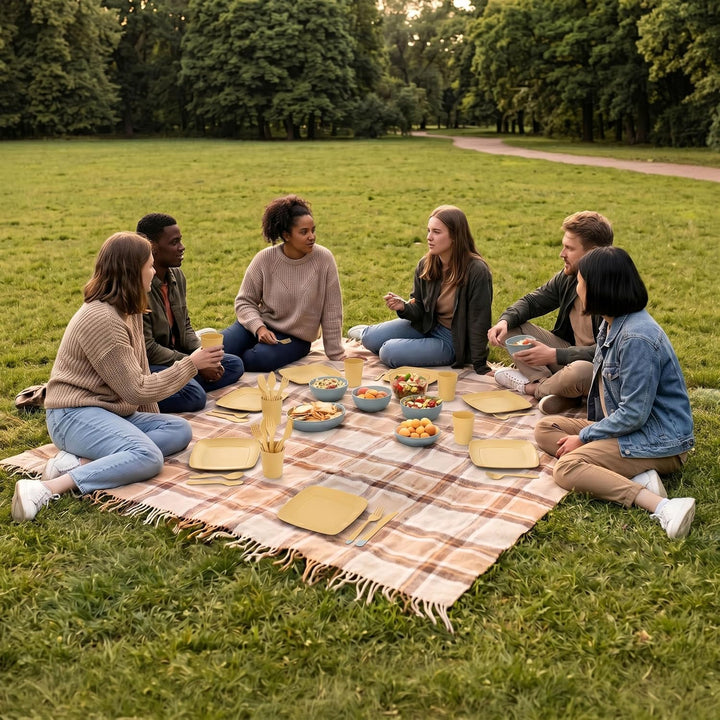 Campinggeschirr im Behälter, 32-teilig, für Picknick und Reisen Gelb, Gelb