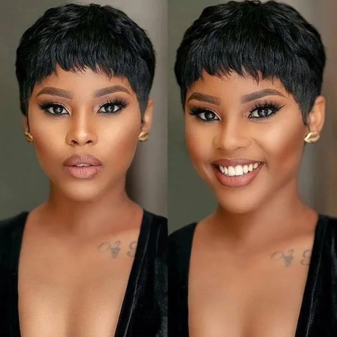 Echthaarperücke Kurzer Pixie-Cut Schwarzer Bob Perücken für Frauen Kleberlos geschichtet Keine Lace