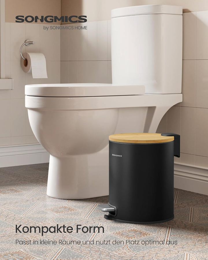 SONGMICS Kosmetikeimer, Mülleimer Bad, mit Deckel aus Bambus, Tretmülleimer mit Metallpedal, Innenei