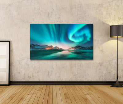 islandburner Bild Bilder auf Leinwand Aurora Borealis in den Lofoten Inseln, Norwegen. Aurora.Grüne