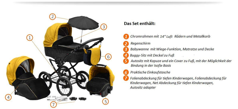 SKYLINE Klassisch Retro Stil Wicker LUX Kombi-Kinderwagen Buggy 3in1 Reise System Autositz (Isofix)