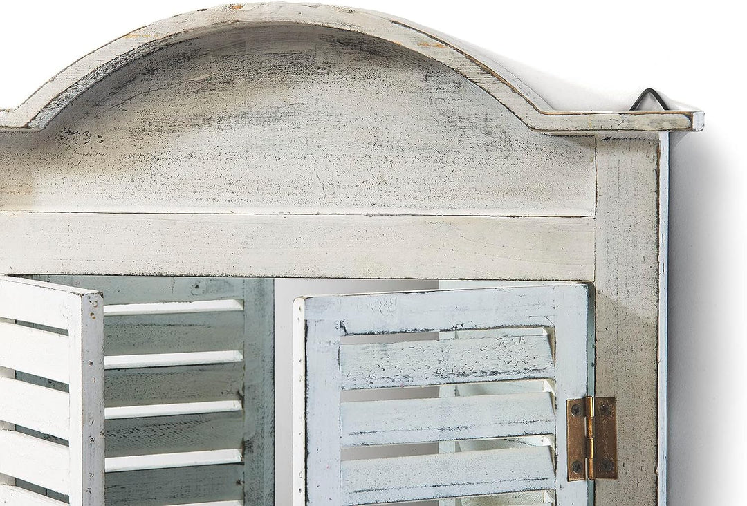 Kobolo Dekofenster Fensterrahmen Holz mit Spiegel -Pflanzschale -White Vintage - 55x13x54 cm