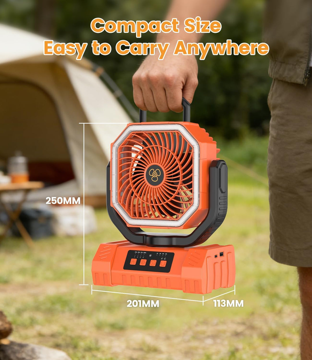 Camping Ventilator, 20000mAh Tragbarer Ventilator Akku mit LED Licht & Fernbedienung, Haken, USB Ven