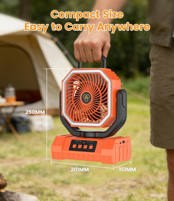 Camping Ventilator, 20000mAh Tragbarer Ventilator Akku mit LED Licht & Fernbedienung, Haken, USB Ven