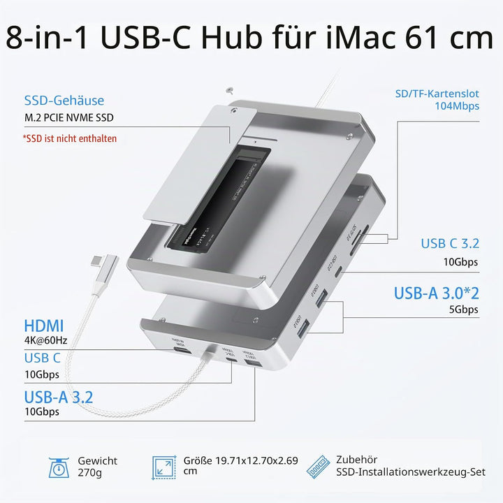 USB-C-Hub für iMac 24 Zoll 2021/2023/2024, 8-in-1-iMac-USB-Hub mit M.2-SSD-Erweiterung (SSD nicht im