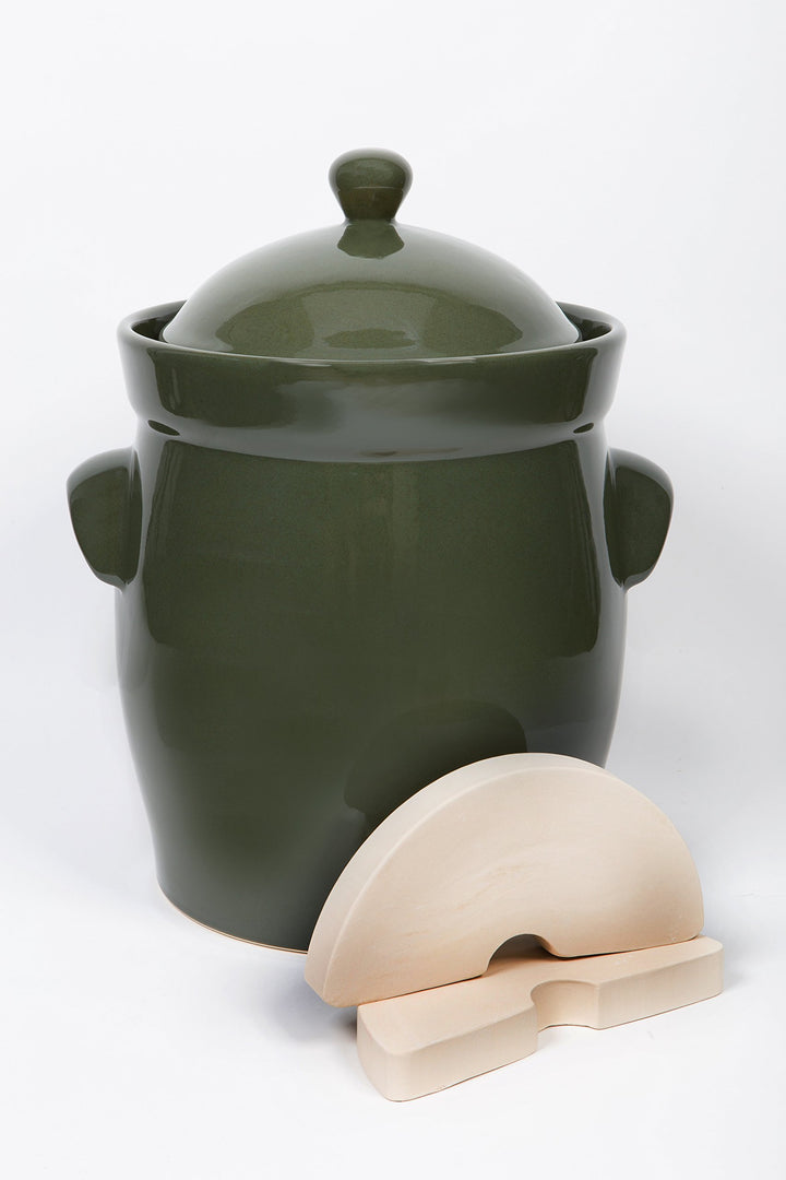 Bunzlauer keramik Original Premium Gärtopf/Einlegetopf/Sauerkrauttopf 15 Liter Olive-grün - inkl. Be