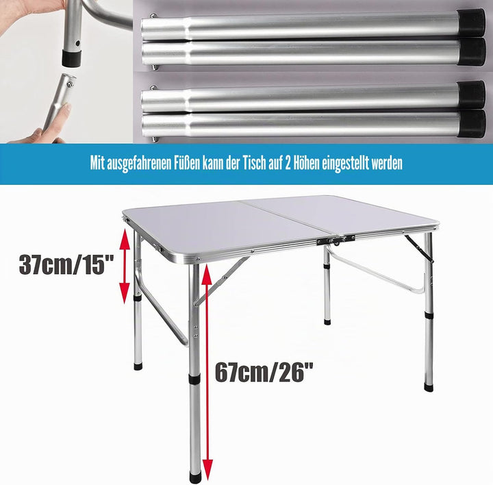Bowose 90x60cm Klapptisch Gartentisch höhenverstellbar, Aluminium-Camping-Tisch 30KG Kapazität, leic