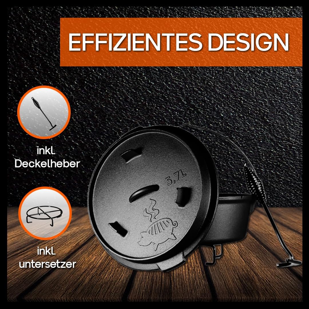 Grillschweine Dutch Oven 6QT (5,7 L ohne Füsse) - BBQ Schmorofen - Gusseisen Feuertopf, 5,7 L ohne F