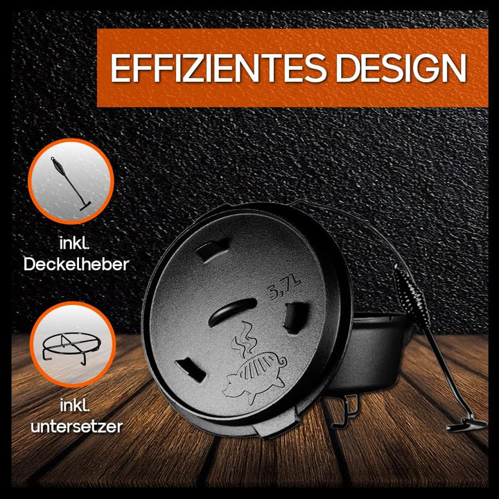 Grillschweine Dutch Oven 6QT (5,7 L ohne Füsse) - BBQ Schmorofen - Gusseisen Feuertopf, 5,7 L ohne F