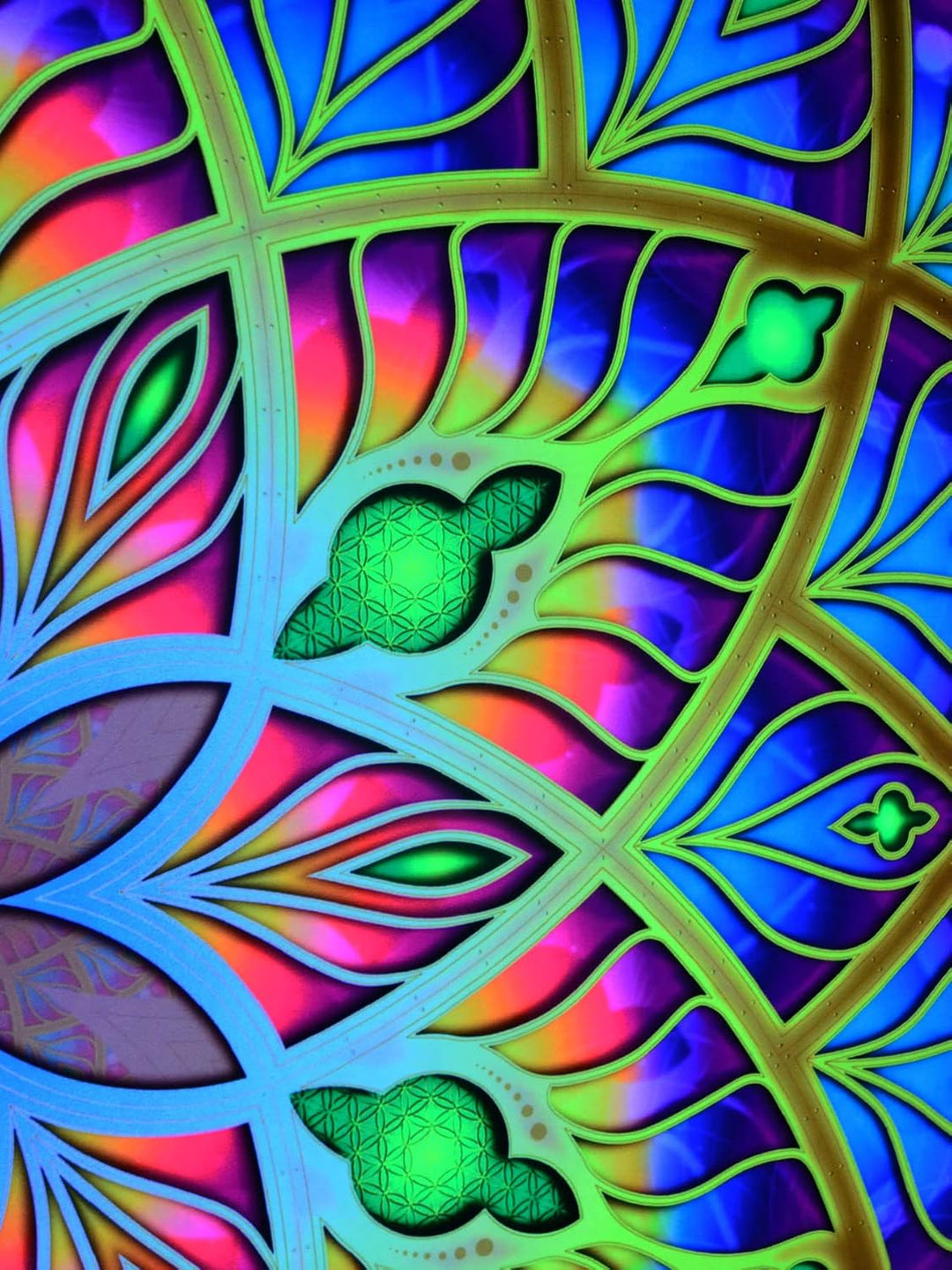 PSYWORK Schwarzlicht Segel Spandex | Backdrop Neon Sacred Church | 2,25 x 2,25m | UV-aktiv | Leuchte