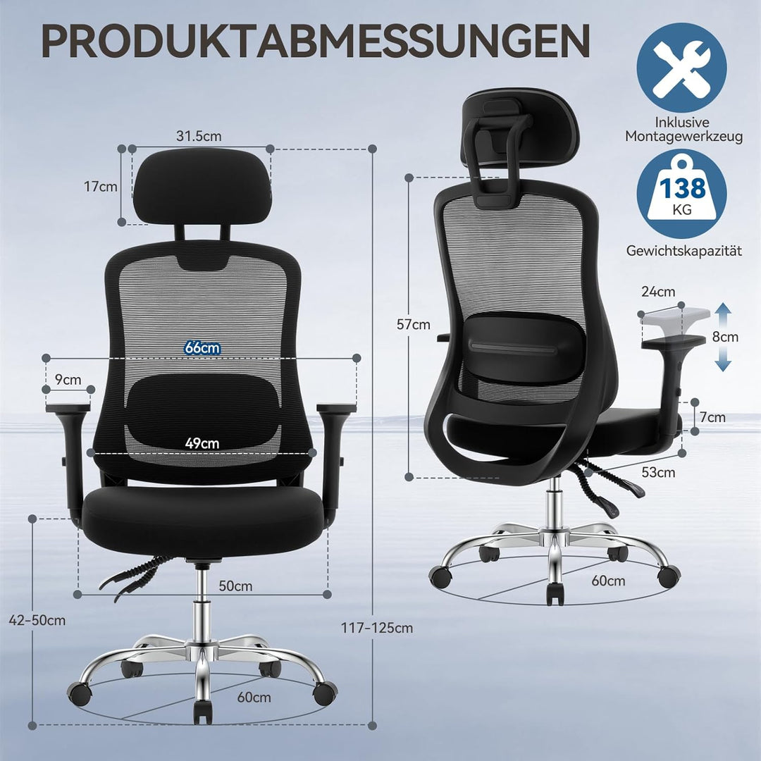 naspaluro Ergonomischer Bürostuhl mit Netzrücken, höhenverstellbar, feststellbare Rückenlehne, Schre
