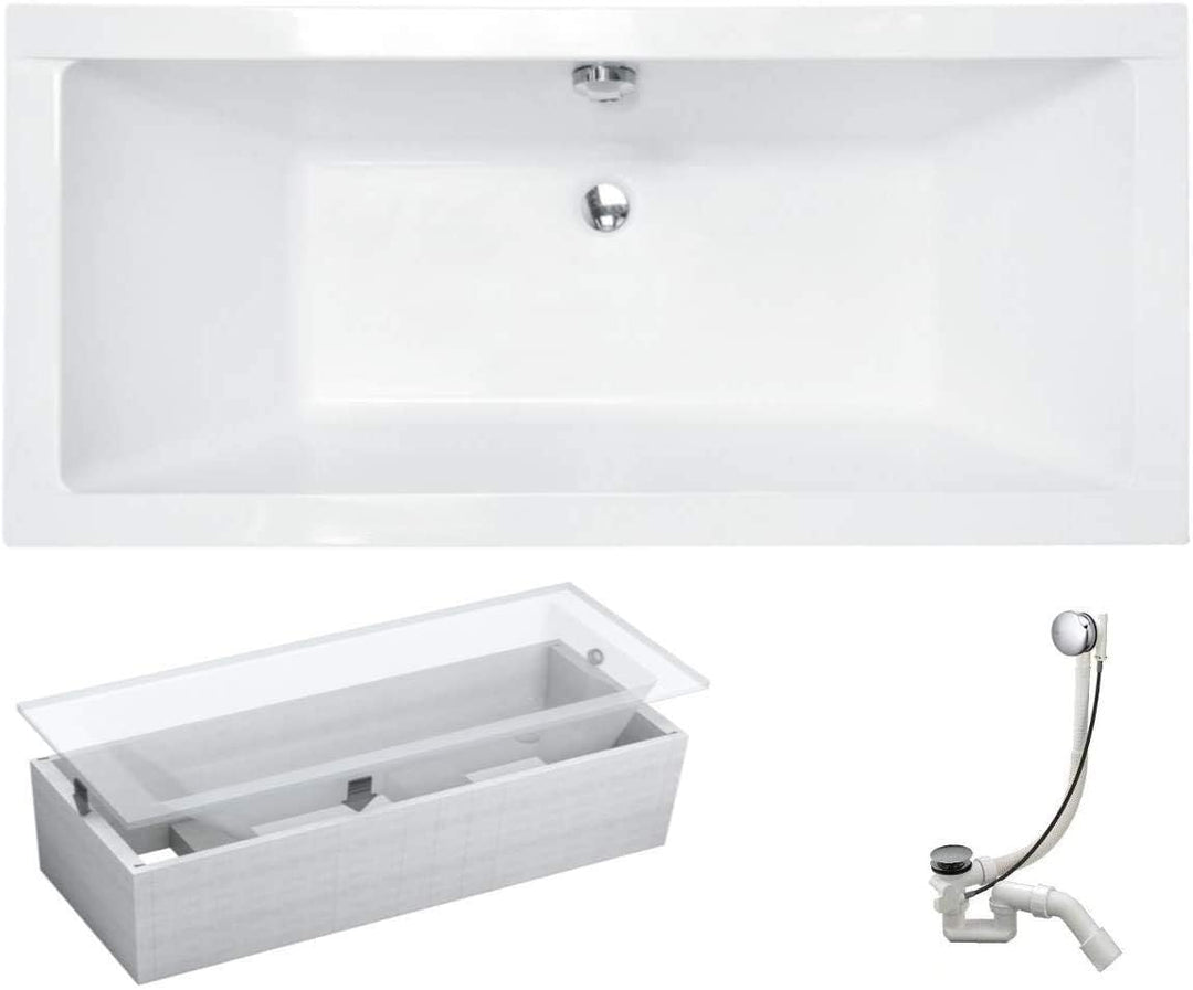 VBChome Badewanne 165x75 cm Acryl SET Wannenträger Siphon Wanne Rechteck Weiss Design Modern Styropo