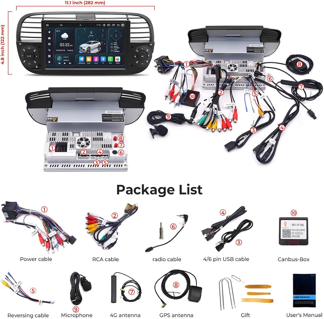 [Black 4+64GB] Autoradio für FIAT 500 2007-2015 mit 7 Zoll Touchscreen, Android 14 Radio Unterstützu