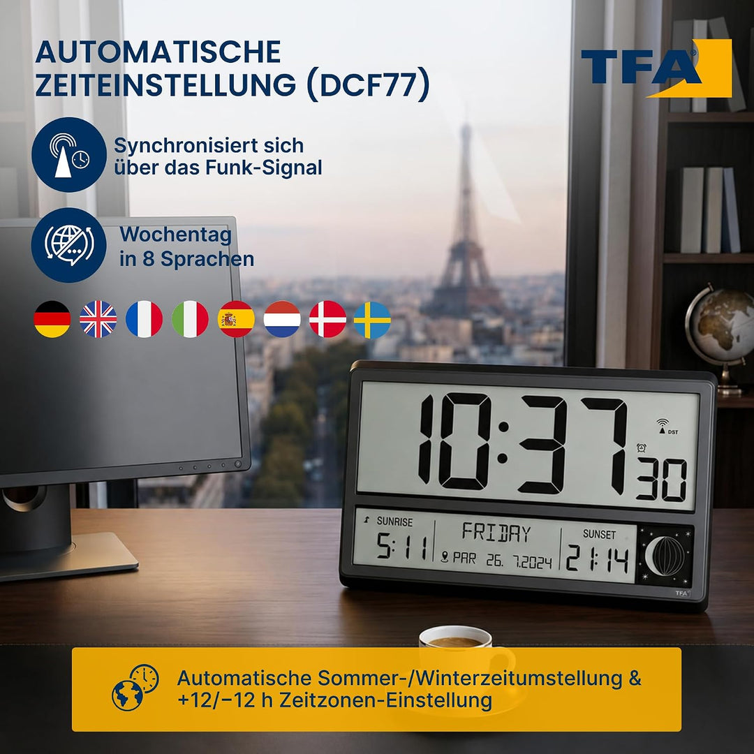 TFA Dostmann Digitale XL Funk Wanduhr, 60.4524.01, mit Sonnenauf- und -untergang, Weckalarm, grosse