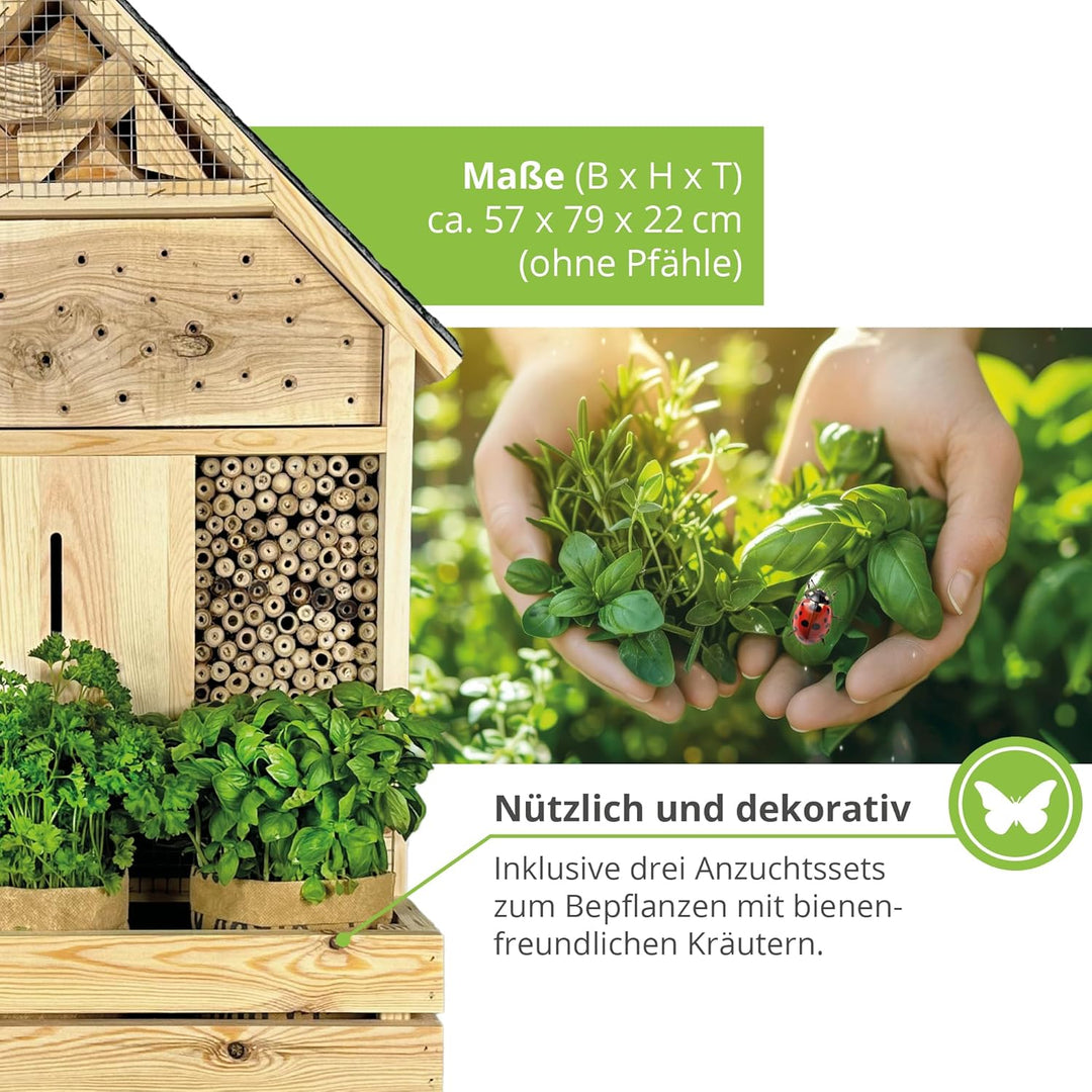 GARTENETAGE Stehendes Insektenhotel XXL mit Schieferdach und Pflanzenoase Kräuterparadies - inkl. An