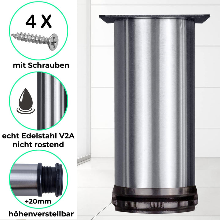 Stahlia Möbelfüsse Edelstahl verstellbar (4er Set) Ø50mm | Höhe: 150mm (+20mm) Schrankfüsse für Side